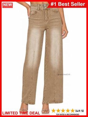 Women's High Waisted Wide Leg Jeans Double Button Front Seam Denim Pants
